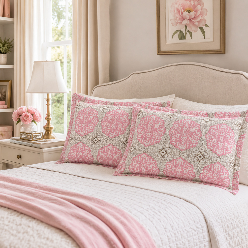 Lot 2 x Pottery Barn PB Teen Pink Medallion Standard Pillow Shams 100% Cotton